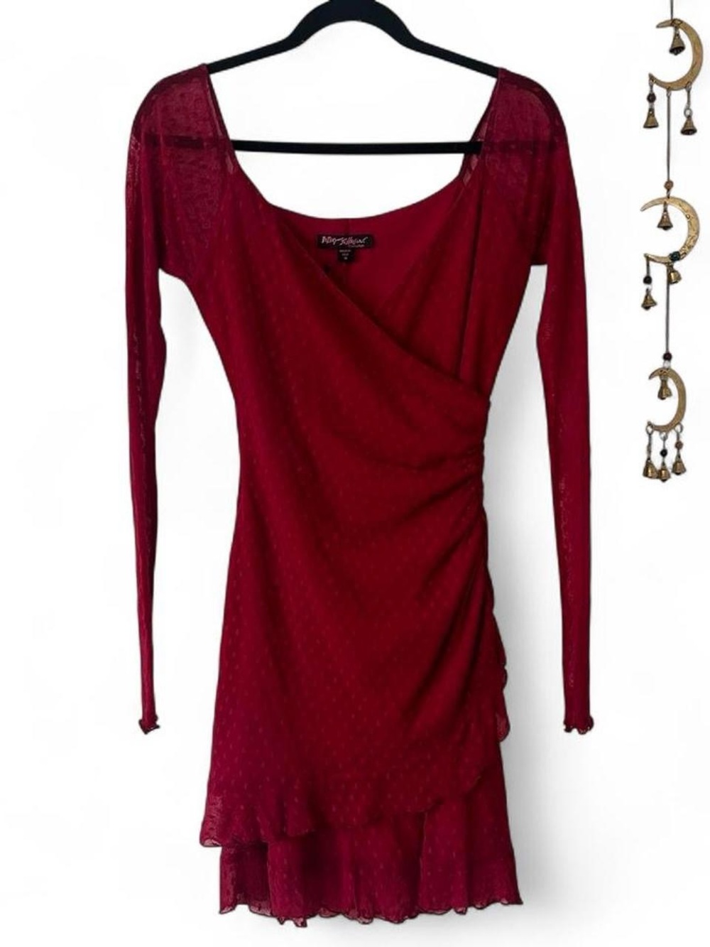 Betsey Johnson Burgundy Long-Sleeve Wrap-Style Mini Dress